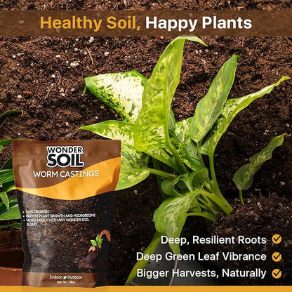 WONDER SOIL | Premium Organic Worm Castings for Plants | 3 lbs (2 Quarts) Bag Natural Soil Amendment for Indoor & Outdoor Plants, Vegetables, Flowers, Gardens | Fertilizer & Compost Enhancer | 3LBS