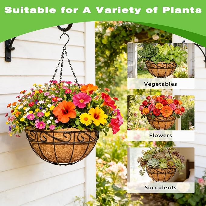 2 Pack 12 Inch Black Metal Hanging Basket Hanging Planter with Coco Coir Liner Heavy Duty Hanging Flower Pot Holder for Indoor Outdoor Patio Garden Porch Balcony Decor (Lace)