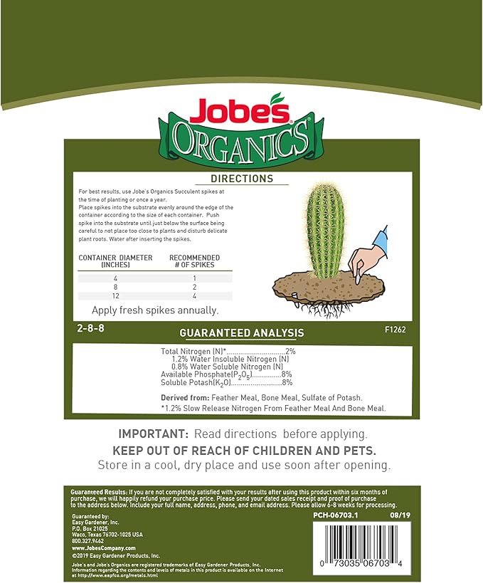 Jobe's Organics Succulent Fertilizer Spikes, Easy Plant Care for Succulent, Cactus, and Aloe Vera Plants, 12 Count