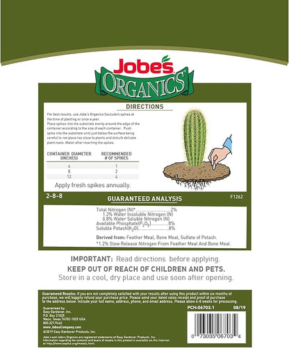 Jobe's Organics Succulent Fertilizer Spikes, Easy Plant Care for Succulent, Cactus, and Aloe Vera Plants, 12 Count