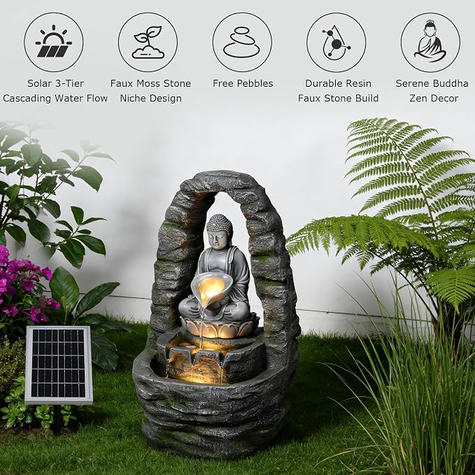 Buddha Solar Water Fountain Outdoor Garden, 27.2" H Cascading Zen Waterfall Solar Power Water Fountain with LED Lights for Backyard, Patio, Porch, Deck, Garden and Home Art Decor