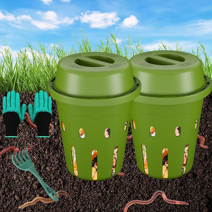 Inground Worm Composter, Mini Underground Worm Farm for Garden Beds, Outdoor Worm Compost Bin for Food Waste, Vermicomposting Bin for Beginners, Elderly, Children (7x7x7.4Inch), Green, 2-Pack