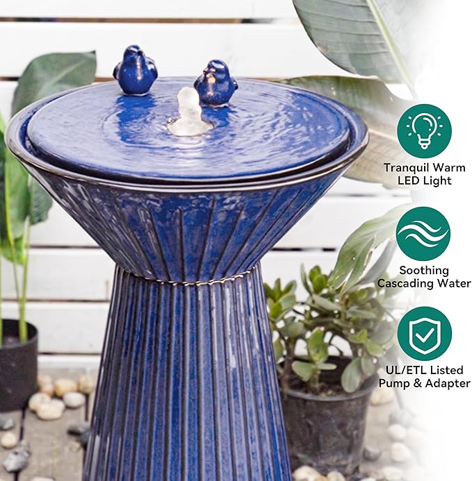 AUTODAYA 28" Ceramic Outdoor Water Fountain LED Birdbath, Cobalt Blue | reactive glaze finish, bird accents, patio garden porch Backyard