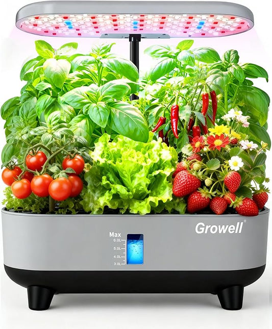 Growell Hydroponics Growing System Kit, 16 Pods, Vertical 8L Indoor Gardening System for Herb Vegetable Fruit, Hydro Garden with LED Grow Light, Smart Water Circulation, 3 Light Modes & 2 Timer, Gray