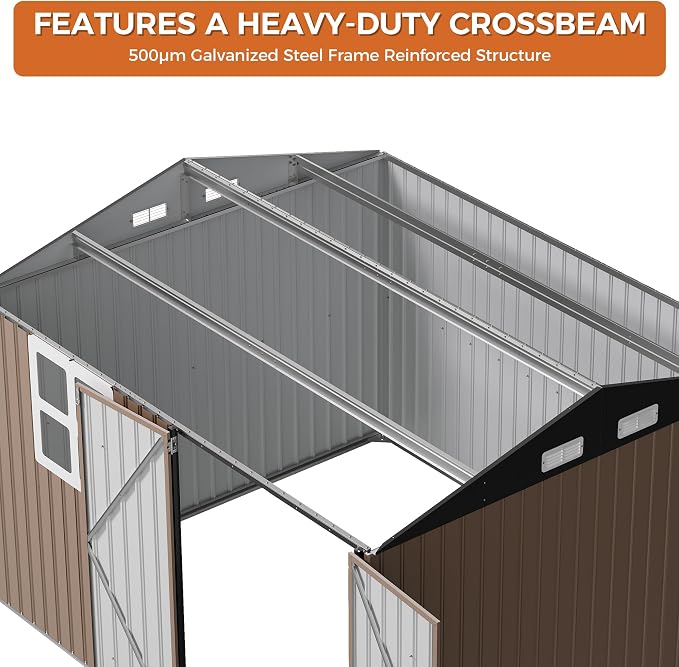 IRONCK 10x8.2 FT Outdoor Storage Shed with Clear Window, Tool Shed, Brown | Lockable Doors, Breathable Ventilation, 9.5x8 FT Base, Outdoor Shed For Generators/Bikes/Wheelbarrows
