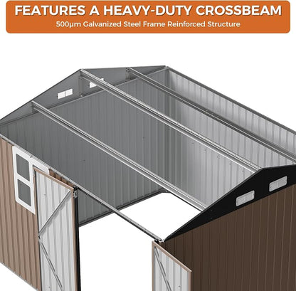IRONCK 10x8.2 FT Outdoor Storage Shed with Clear Window, Tool Shed, Brown | Lockable Doors, Breathable Ventilation, 9.5x8 FT Base, Outdoor Shed For Generators/Bikes/Wheelbarrows
