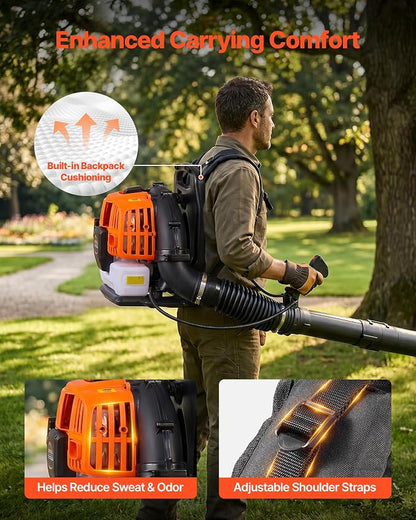 VEVOR Backpack Leaf Blower, 43CC 2-Stroke Engine Gas Powered Leaf Blower with 1.38L Fuel Tank, 447 CFM Air Volume, 150 MPH Air Speed, Ideal for Lawn Care, Leaves Cleaning, Yard Debris & Snow Removal
