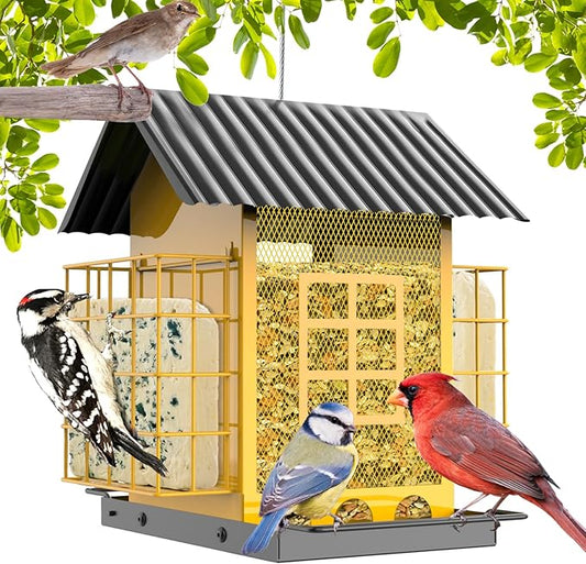 FlowaFoli Bird Feeders for Outdoors Hanging, Metal Bird Feeder with Double Suet Cage Cake, Large Capacity, Birdfeeders Sturdy & Weatherproof, Easy to Clean & Refill, Great for Attracting Wild Birds