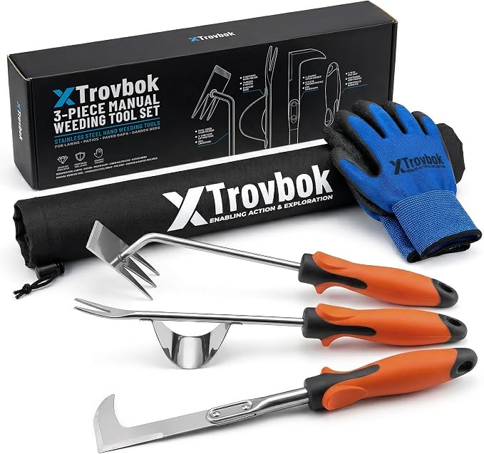 3-Piece Stainless Steel Weed Puller Tool Set | Narrow crevice profile,Reinforced joints,1.4 in steel core,Paver gap use,Storage bag and gloves