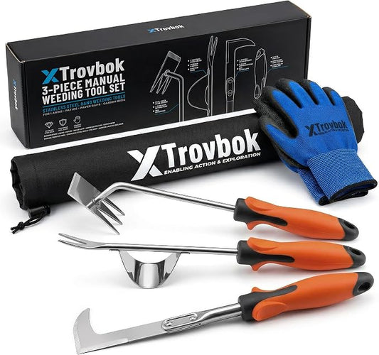 3-Piece Stainless Steel Weed Puller Tool Set | Narrow crevice profile,Reinforced joints,1.4 in steel core,Paver gap use,Storage bag and gloves