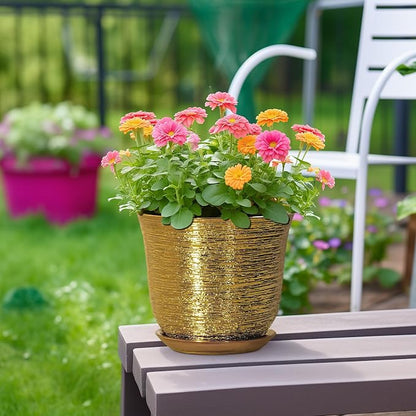 Ceramic Plant Pots - 8 Inch Plant Pot with Drainage Hole and Saucer, Round Planter for Indoor Outdoor, Modern Flower Pot, Decorative Planter, Garden Home Office Decor, Gardening Gifts, Gold