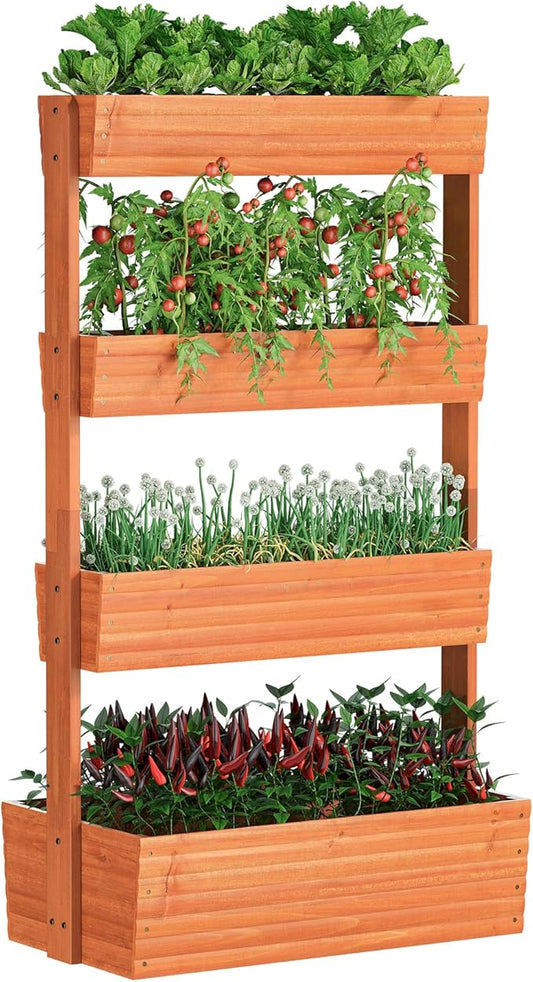 Wooden Raised Garden Bed Vertical Planter Box, Freestanding Plant Stand for Indoor Outdoor Plants, Herbs, Flowers, Vegetables, Gardening (Reddish Brown, 4-Tier，29.9 x 17.9 x 55in)