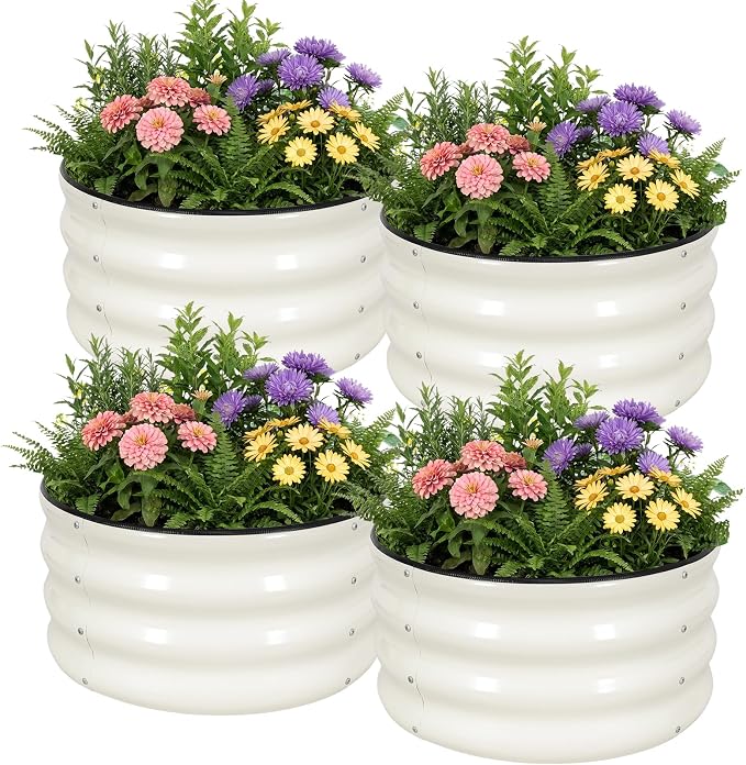 WILLOW WEAVE 4 Pcs Round Raised Garden Bed Outdoor, 2x2x1ft Circle Garden Bed, Galvanized Raised Planter Box for Gardening, Metal Raised Beds for Flower, Vegetable, Herb, White