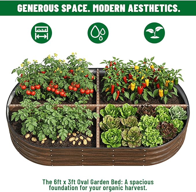 SnugNiture 6x3x1ft Raised Garden Bed Kit, Outdoor Oval Metal Garden Planter, Ground Planter Box for Gardening Vegetables Flowers, Brown