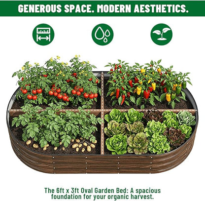 SnugNiture 2 Pcs 6x3x1ft Oval Metal Raised Garden Bed for Vegetables, Brown | Protective rubber edging strips thickened corrugated galvanized steel