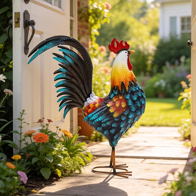 32" Majestic Metal Rooster Yard Decor, Large Outdoor Garden Statue | Outdoor Chicken Sculpture, 3D Hand-Painted, Rustic Farmhouse Style, Weather Resistant Iron, Backyard Patio Lawn Garden