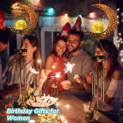 Solar Moon Wind Chimes for Outside Unique Birthday Mom Gifts for Women Mom Grandma Crackle Glass Ball LED Wind Chimes Solar Lights Outdoor Decor Light for Garden Patio Yard