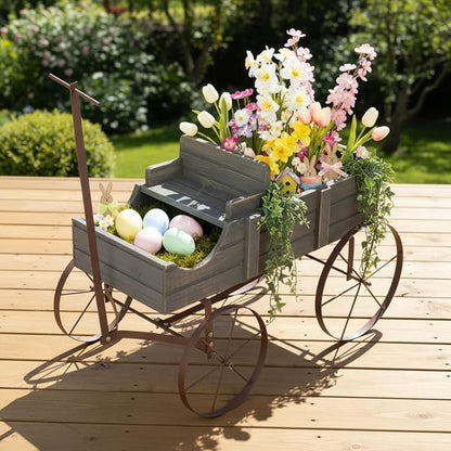 Shine Company Decorative Wagon Garden Planter, Wooden Wagon Yard Décor for Outdoor Plants, Small, Gray