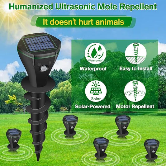 Mole Repellent Solar Powered, 6 Pack Ultrasonic Gopher Repeller IP65 Waterproof for Lawn Garden Yard, Sonic Vole Repellent Mole Killer Outdoor Get Rid of Snake Groundhog Chipmunk Squirrels-Black