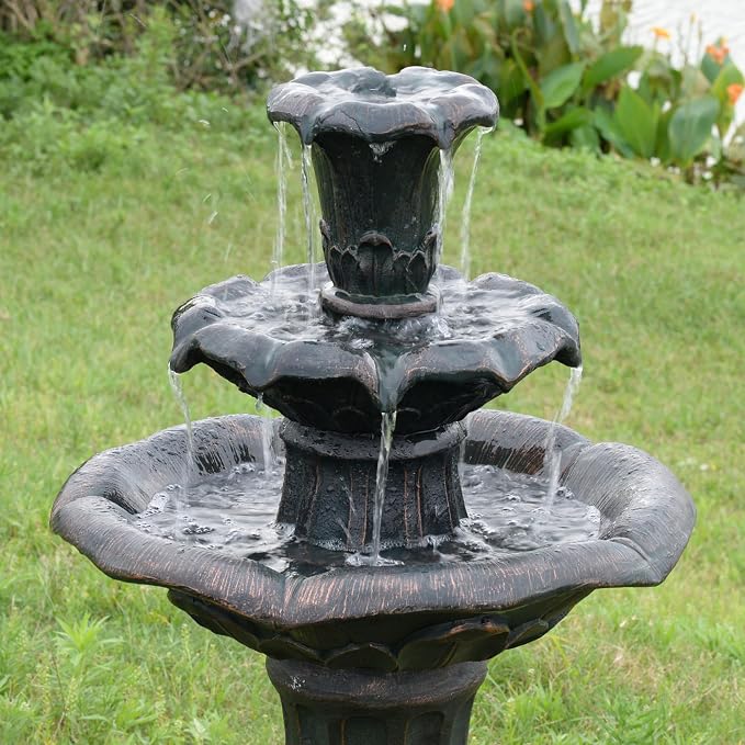 Teamson Home Lily Flower Floor Pedestal 3 Tiered Floor Waterfall Fountain with Pump for Outdoor Patio Garden Backyard Decking, 38 Inch Height, Dark Gray | Pedestal Design, With Pump, Outdoor Patio Garden Backyard Decking, Dark Gray