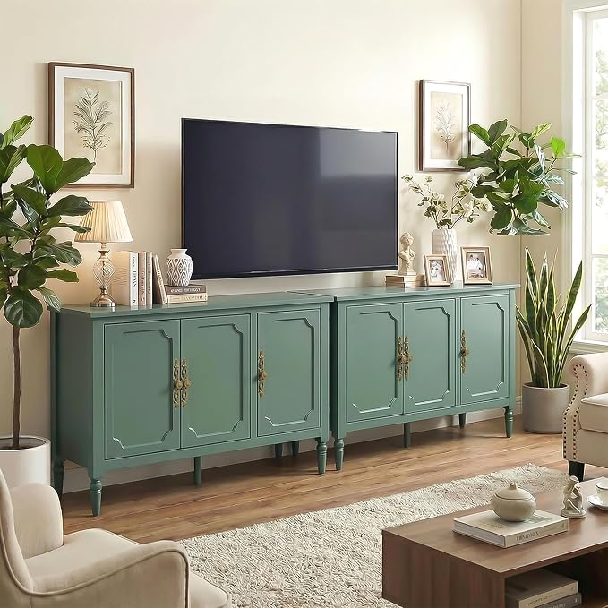 RoyalCraft Buffet Sideboard Cabinet with 3 Doors, Wooden Coffee Bar Credenza with Adjustable Shelves, Vintage Storage Cabinet for Kitchen Dining Entryway Living Room, Forest Green