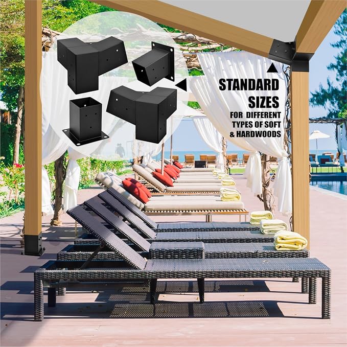 Pergola Kit, 15° 3-Way Slanted Roof Pergola Bracket Set, Roof Wall Mount Extension Bracket 4" x 4" (Actual 3.5" X 3.5") - Set 9