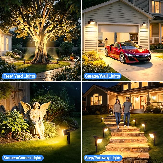 Solar Spot Lights Outdoor Waterproof IP65, Super Bright LEDs with Lens, 2 Lighting Modes, 2 in 1 Auto On/Off Solar Powered Spotlights for Outside Landscape Holiday Decor, 4 Pack, Warm White