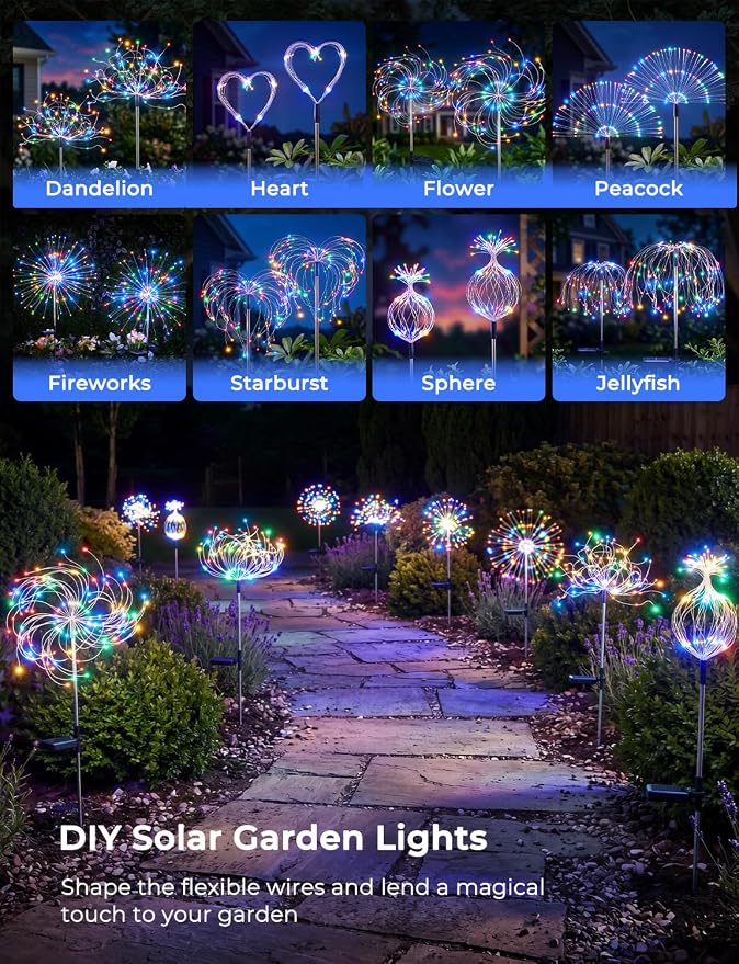 Multicolor Solar Lights Outdoor, 2 Pack 180LED Solar Garden Lights for outside, 8 Modes Firework Fairy light for Yard Pathway 4th of July Carnival Juneteenth Christmas Decor, Red/Yellow/Blue/Green