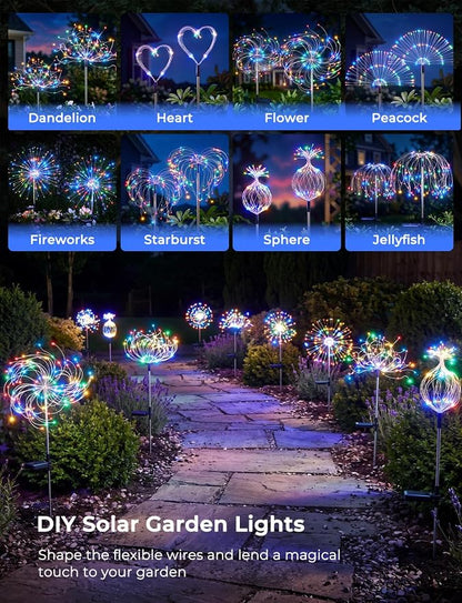 Multicolor Solar Lights Outdoor, 2 Pack 180LED Solar Garden Lights for outside, 8 Modes Firework Fairy light for Yard Pathway 4th of July Carnival Juneteenth Christmas Decor, Red/Yellow/Blue/Green