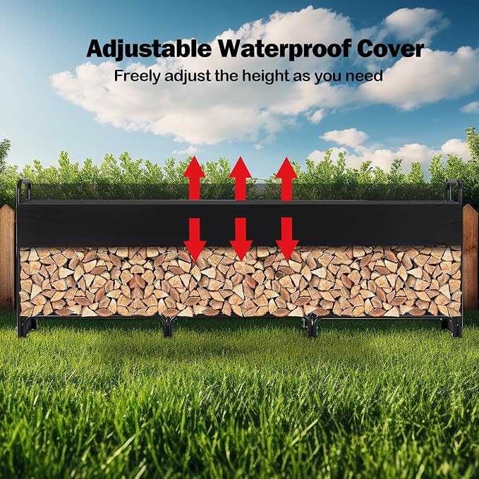 3/4 Cord Outdoor Firewood Rack with Cover, 12.5FT of Firewood, Heavy Duty Firewood Holder & Waterproof Cover for Fireplace, Patio, Log Storage Rack for Outdoor Indoor Firewood