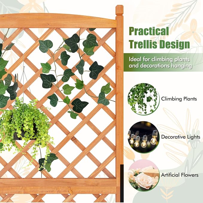 HAPPYGRILL Raised Garden Bed with Trellis, Large Planting Box w/Drainage Holes, 60” Wooden Garden Planter w/Diamond Lattice Trellis for Climbing Plants, Outdoor Planter Box for Patio (2, Orange)