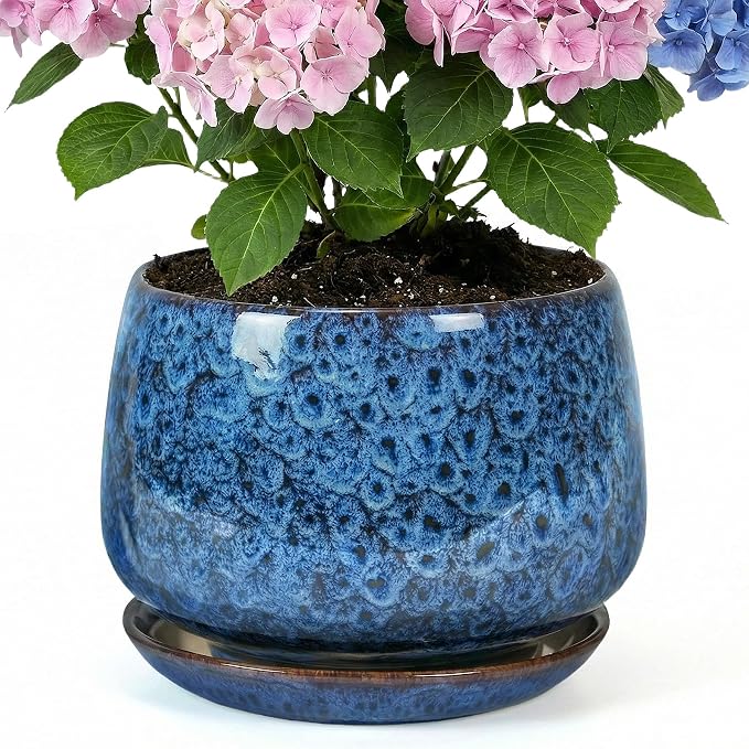 10.3 Inch Flower pots for Indoor Outdoor Plants with Saucer Drainage Leak-Proof Mesh, Ceramic Planter with Gardening Gloves for Succulent and Flower (Peacock Blue)