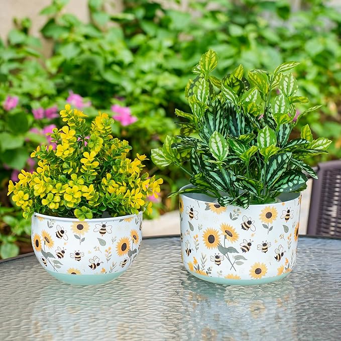 Joint Honglin Butterfly & Bee Metal Planters Set of 2 – Decorative Flower Pots with Colorful Garden Prints, Outdoor & Indoor Use Cute Spring Floral Design for Patio, Balcony, Home Decor (Bee)