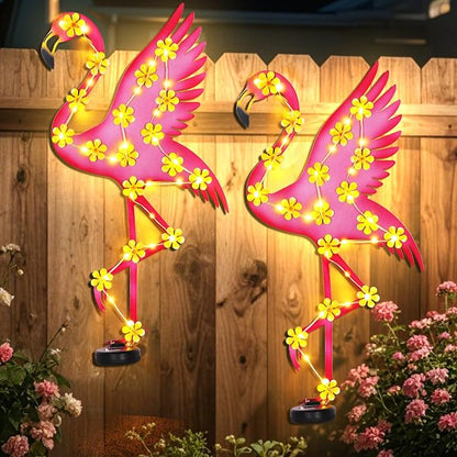 Metal Flamingo Outdoor Wall Decor with 30 Led Solar Lights- 23.2" Outdoor Fence Wall Art Decor, Gift for Mom Grandma Women Birthday Gardening,Hanging Decoration for Garden Patio Porch Yard