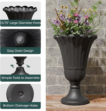 23.6" Tall Plastic Urn Planters for Outdoor Plants, Set of 2 Heavy-Duty Classic Indoor Large Flower Pots with Drainage Holes & Petal Design, Outdoor Planters for Porch, Home Garden, Black