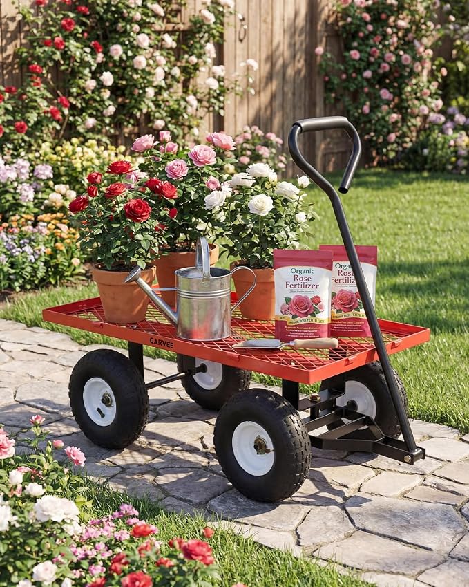 Garvee Versatile Outdoor Utility Cart-400LBS Heavy-Duty, 10" All-Terrain Pneumatic Tires, Easy Maneuverable Lawn Cart with Removable Mesh Panels for Gardening&Landscaping, Red, with Waterproof Liner