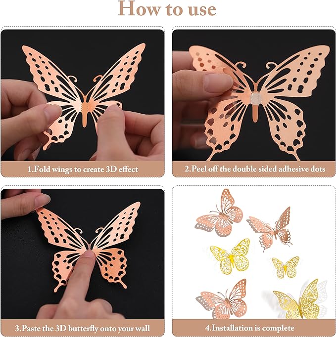 SAOROPEB 3D Butterfly Wall Decor, 48 Pcs 4 Styles 2 Color 3 Sizes, Removable Metallic Wall Sticker Room Mural Decals for Kids Bedroom Nursery Classroom Party Decoration (2 Color)