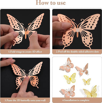 SAOROPEB 3D Butterfly Wall Decor, 48 Pcs 4 Styles 2 Color 3 Sizes, Removable Metallic Wall Sticker Room Mural Decals for Kids Bedroom Nursery Classroom Party Decoration (2 Color)