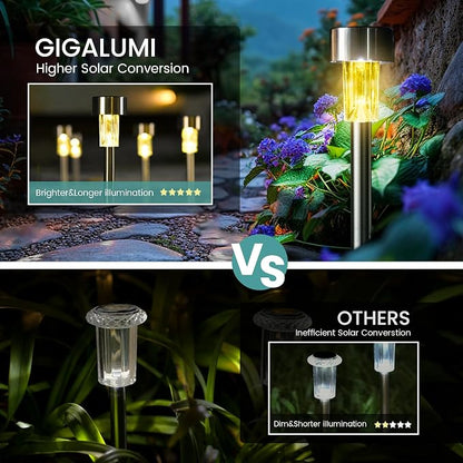 GIGALUMI 24 Pack Solar Lights Outdoor Waterproof,Stainless Steel LED Solar Garden Lights, Solar Pathway Lights Outdoor, Outdoor Solar Lights for Yard, Patio, Lawn and Landscape(Warm White)