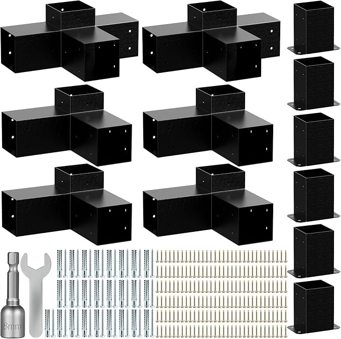 Pergola Kit for 4"x4" Lumber (Actual 3.6"x3.6"), Heavy Duty Steel Pergola Brackets Kit with 3-Way & 4-Way Corner Brackets + 6 Post Bases, DIY Gazebo Hardware Kit for Patio Backyard Garden, 2mm Thick