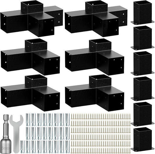 Pergola Kit for 4"x4" Lumber (Actual 3.6"x3.6"), Heavy Duty Steel Pergola Brackets Kit with 3-Way & 4-Way Corner Brackets + 6 Post Bases, DIY Gazebo Hardware Kit for Patio Backyard Garden, 2mm Thick