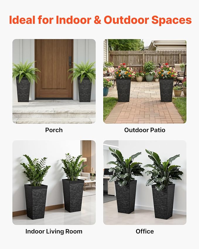 VEVOR Set of 2 Tall Planters for Outdoor Plants 23 inch, Black Tall Planter for Indoor Plants, Modern Planters for Front Porch Patio Balcony, Plant Container Flower Pots with Built-in Drainage