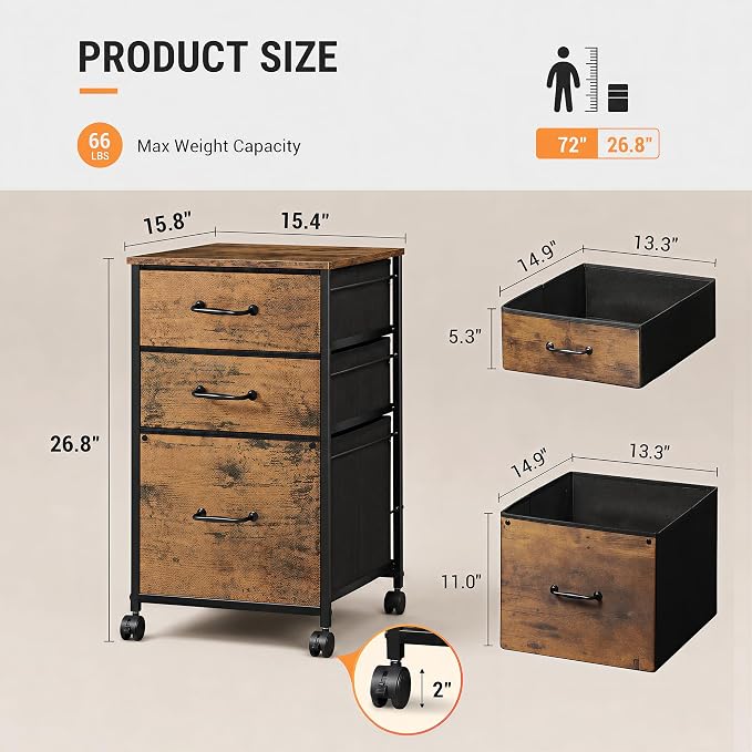 DEVAISE Mobile File Cabinet, Rolling Printer Stand with 3 Drawers, Fabric Vertical Filing Cabinet fits A4 or Letter Size for Home Office, Rustic Brown Wood Grain Print
