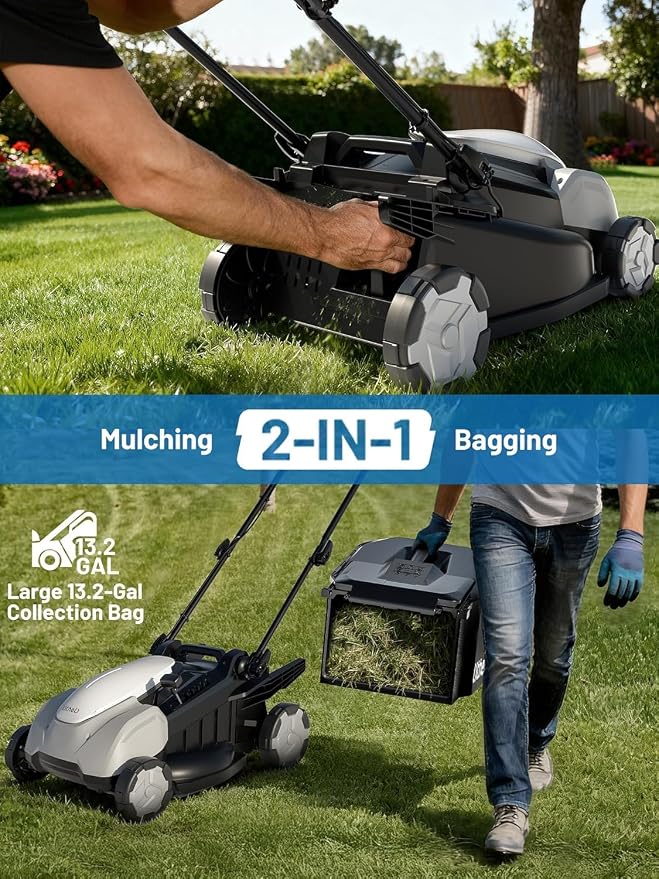 Litheli 16″ Cordless Mower, 40V Brushless Push Mower, 6 Heights (25-75mm), 50L Bag & Mulching, Quiet & Lightweight, 2×5.0Ah Batteries & Charger Included