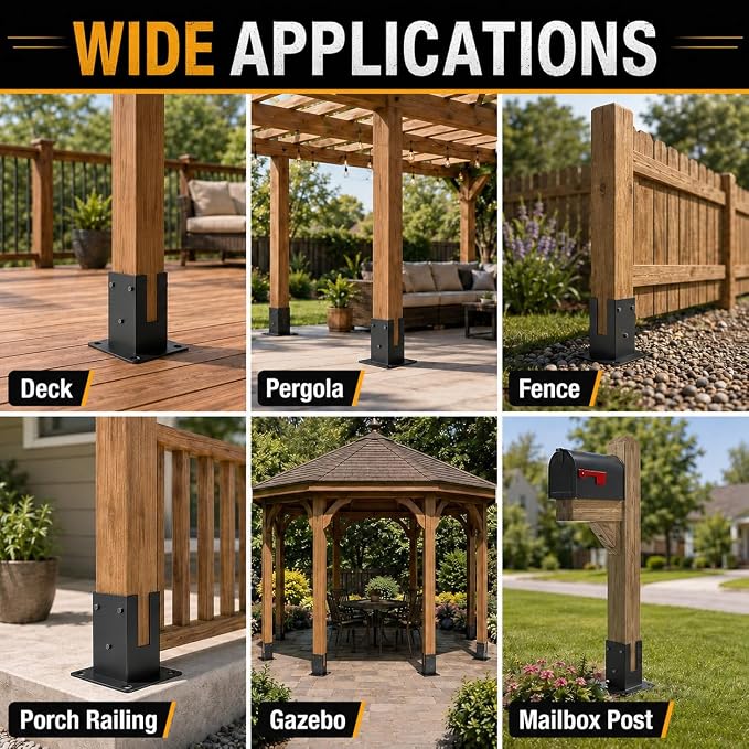 4x4 Post Base Brackets 2PCS - Heavy Duty Powder Coated Steel Post Anchor with 3.6"x3.6" Inner Size for Deck, Pergola, Fence and Mailbox Mount
