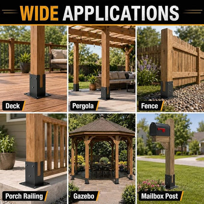 4x4 Post Base Brackets 4PCS - Heavy Duty Powder Coated Steel Post Anchor with 3.6"x3.6" Inner Size for Deck, Pergola, Fence and Mailbox Mount