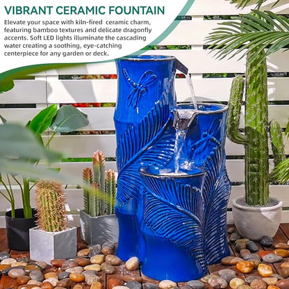 Autodaya 25.5" Ceramic Outdoor Water Fountain with LED Lights, Bamboo-Style | Unique Cobalt Blue Natural Leaf Dragonfly Texture Water Feature, 3-Tier Cascading Waterfall for Garden Patio Yard Relax Oasis