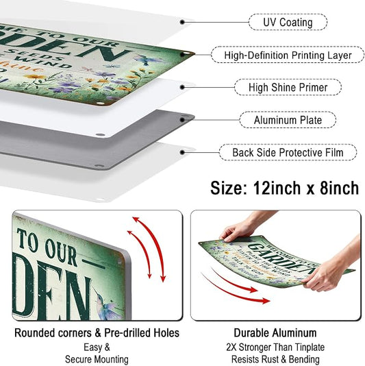 Vintage Garden Decor Gardening Art Signs Plant Lovers' Gifts | Motivational Greenhouse Yard Fence She Shed Wall Decor Women Gardeners Welcome To Our Garden Tin Sign 12x8 Inch Weather-proof