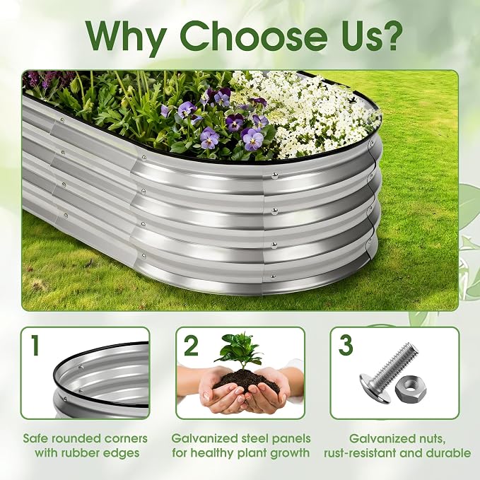 NEWBULIG Galvanized Raised Garden Bed Outdoor, 6x3x1ft Metal Planter Box for Vegetables Flowers Herbs, Heavy-Duty Oval Raised Flower Bed for Gardening, Open Bottom, Easy Assembly, Safe Edges