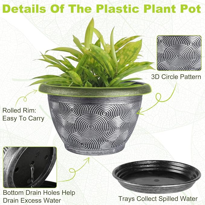 12-Inch -Plastic-Pots -For-Plant With Saucer, 4 Pack Outdoor Planters With Drainage Holes, Decorative Flower Pots For Indoor Plants, Modern 3D Swirl Silver Large Plant Pots With With Removable Tray